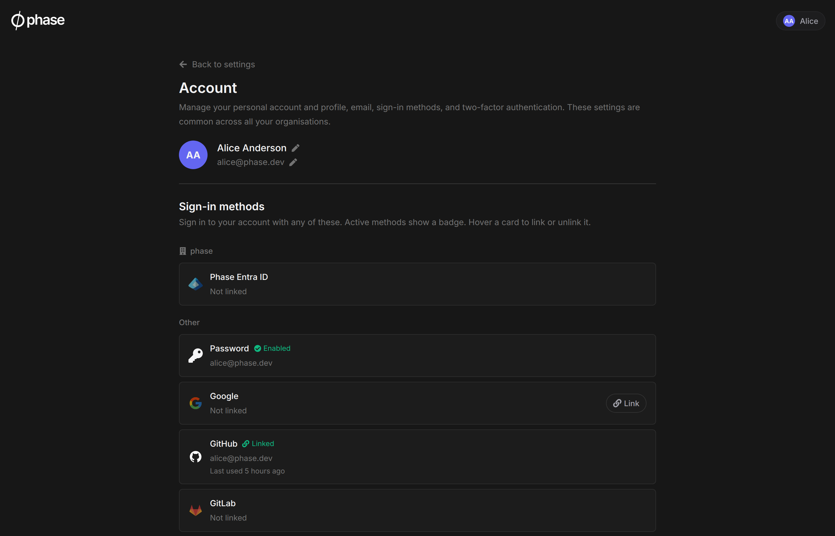 The Account page