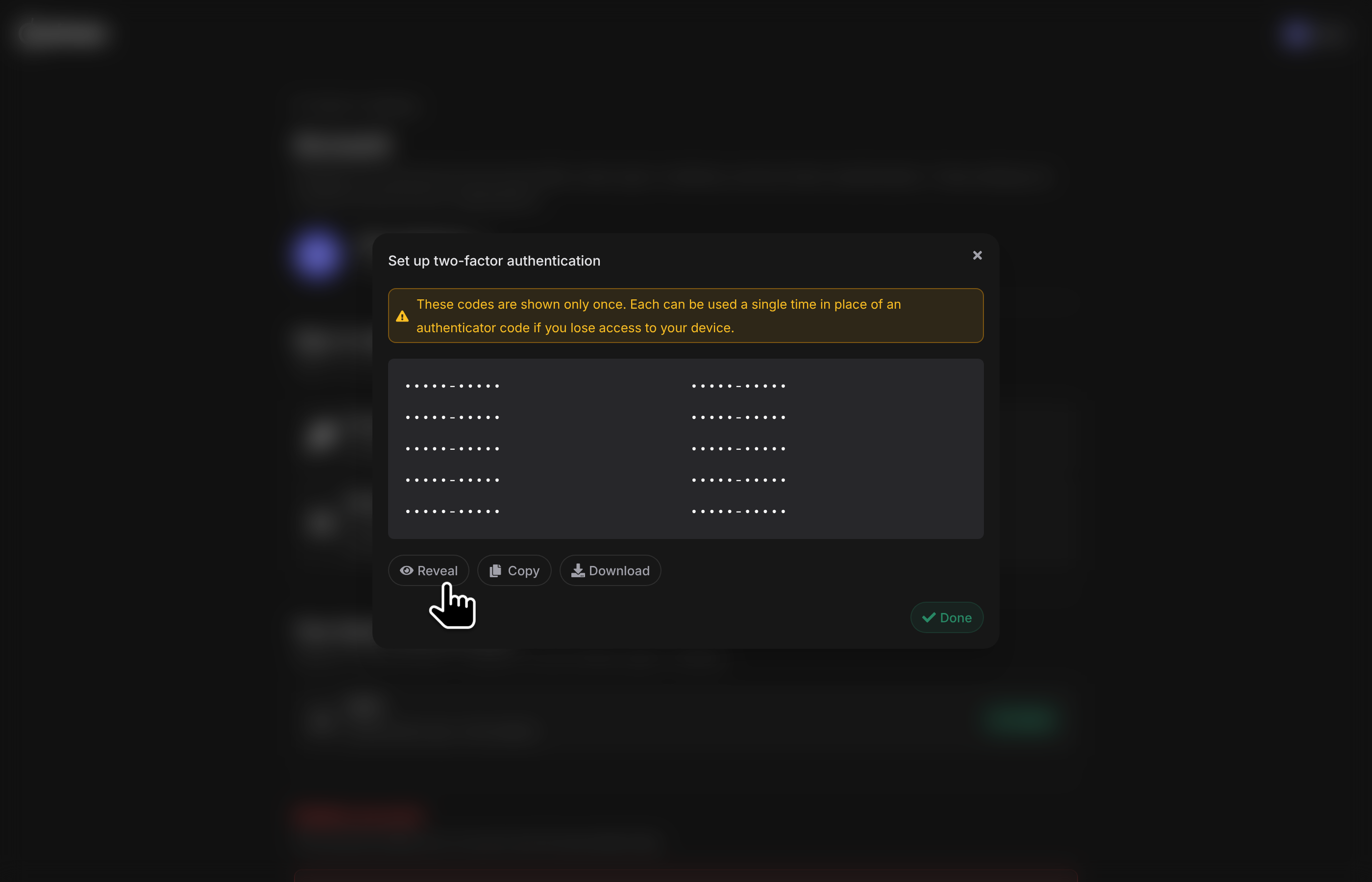 2FA setup: recovery codes