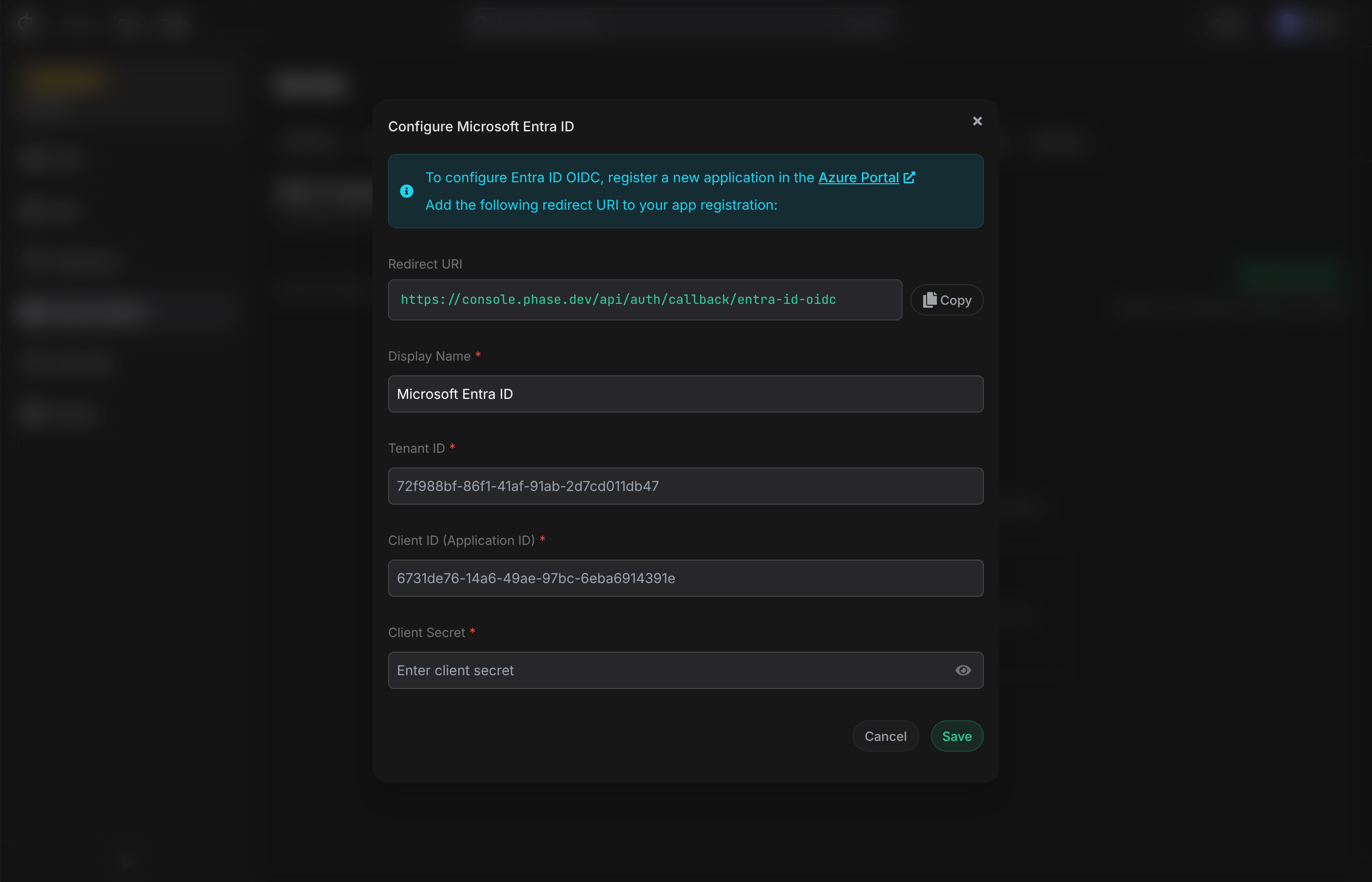 Entra ID setup dialog — empty