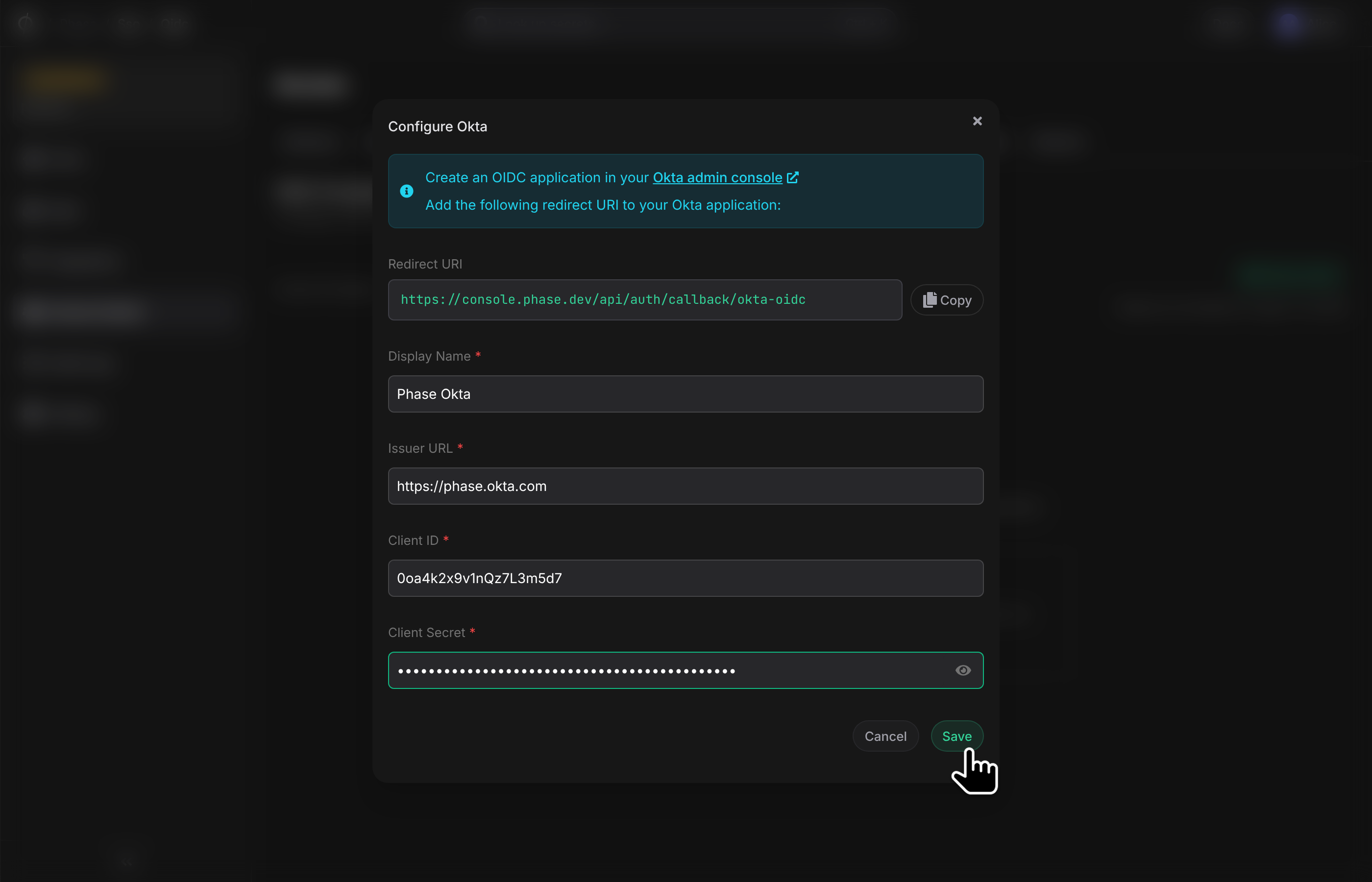 Okta setup dialog — filled