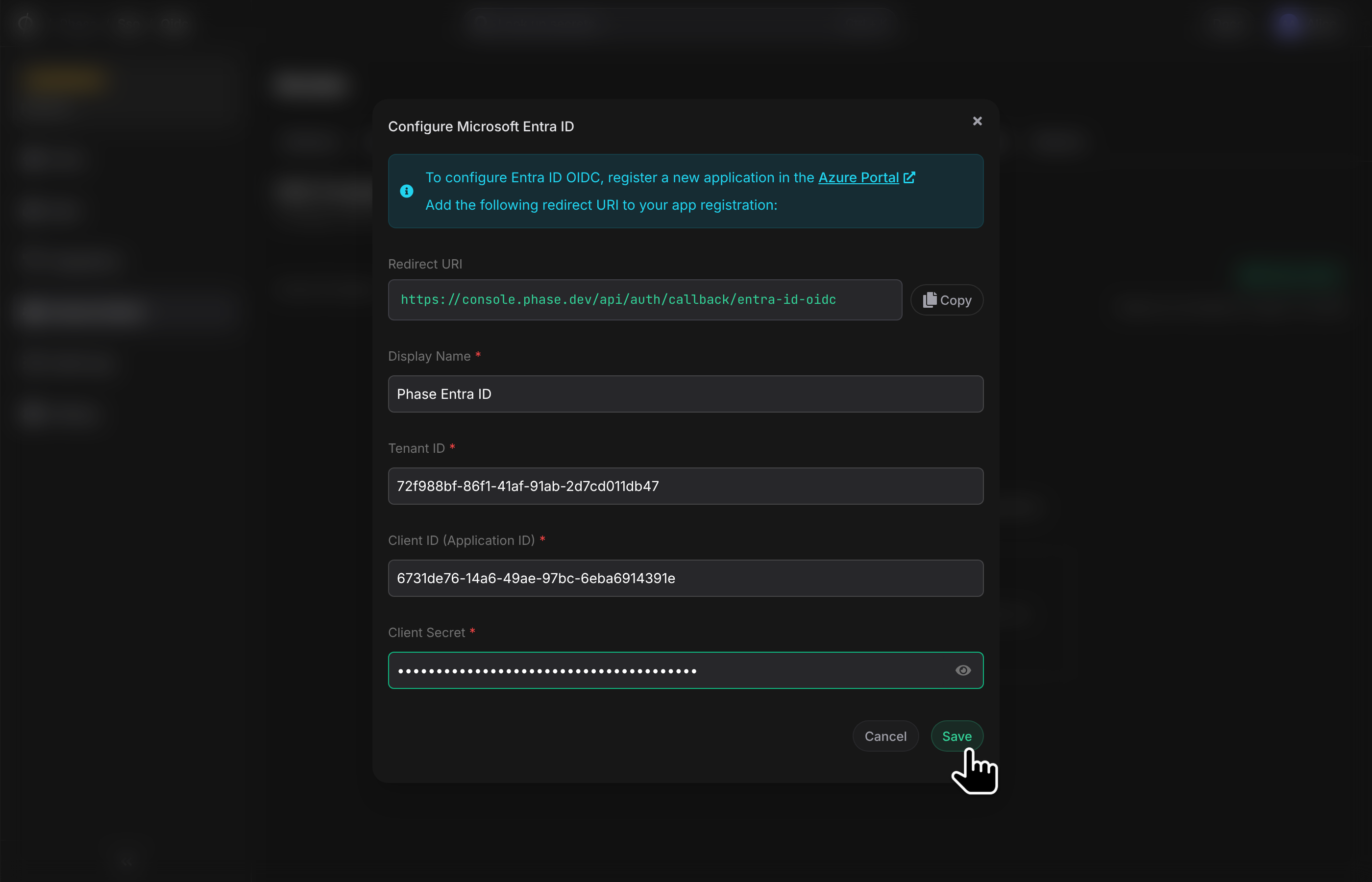 Entra ID setup dialog — filled