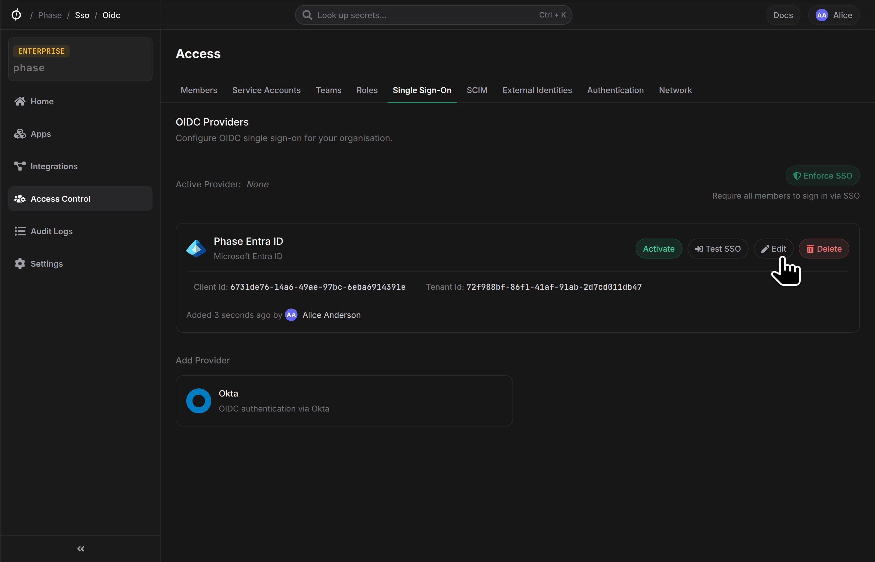 Provider card hover — action buttons
