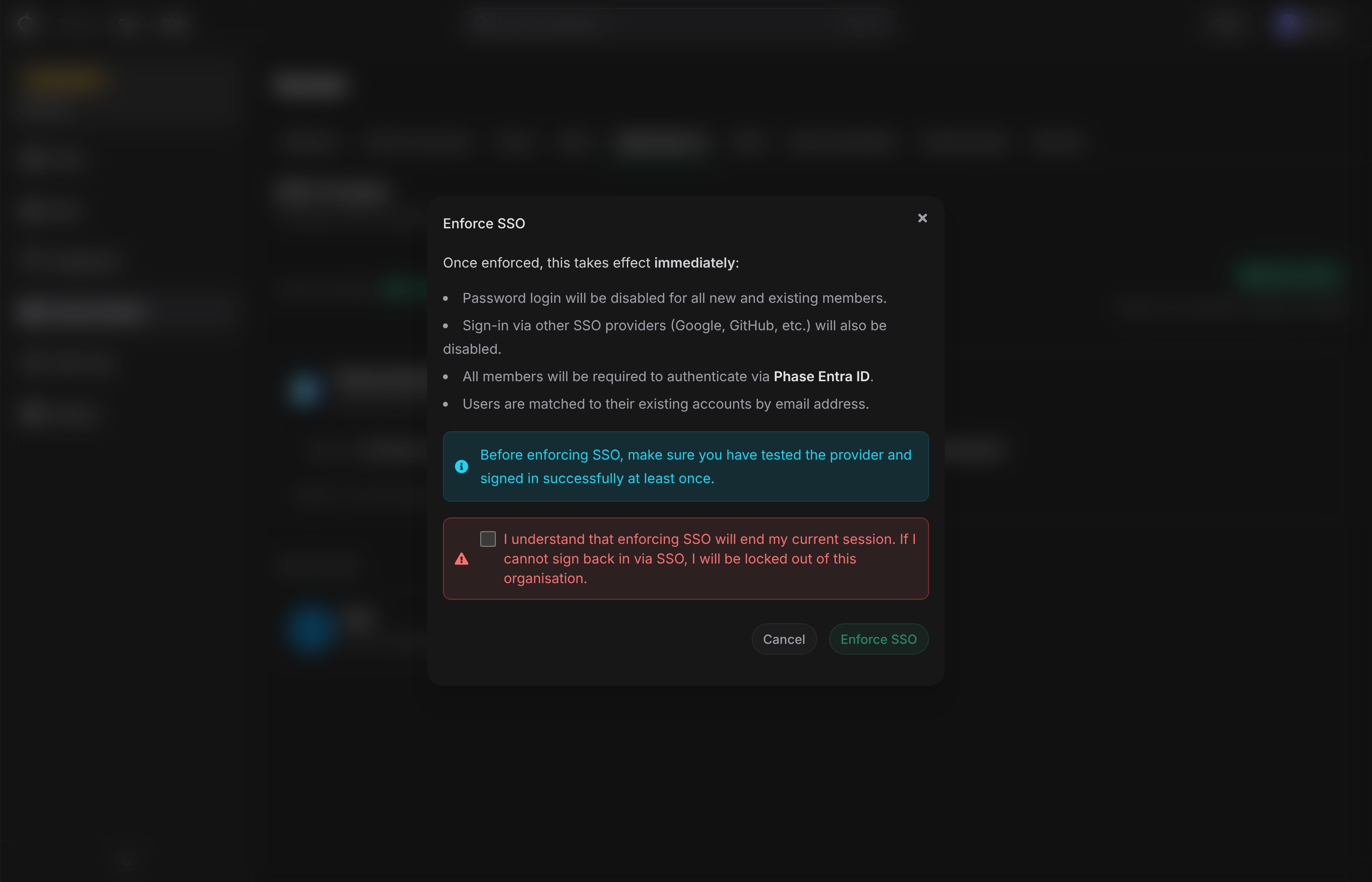 Enforce SSO dialog — acknowledgement unchecked