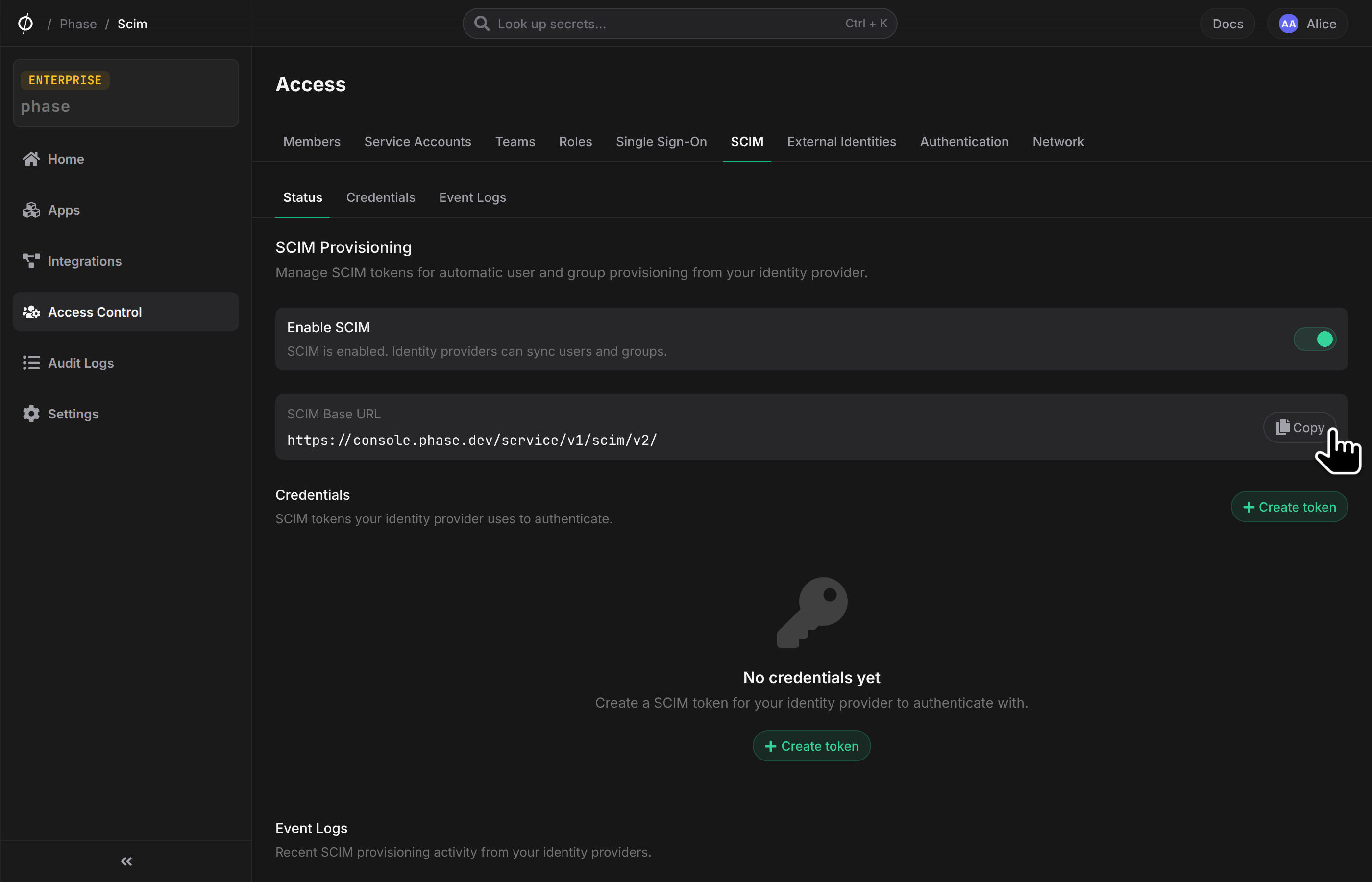 SCIM enabled with the base URL