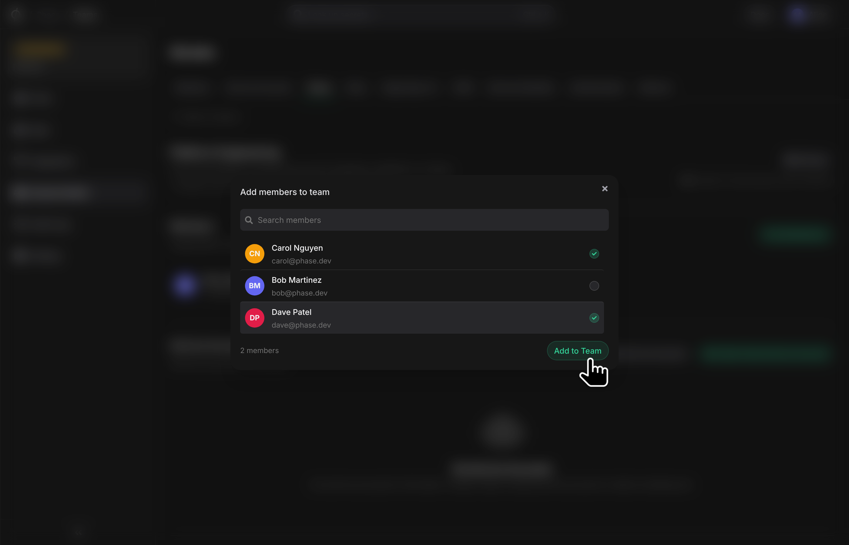 Add members to team dialog
