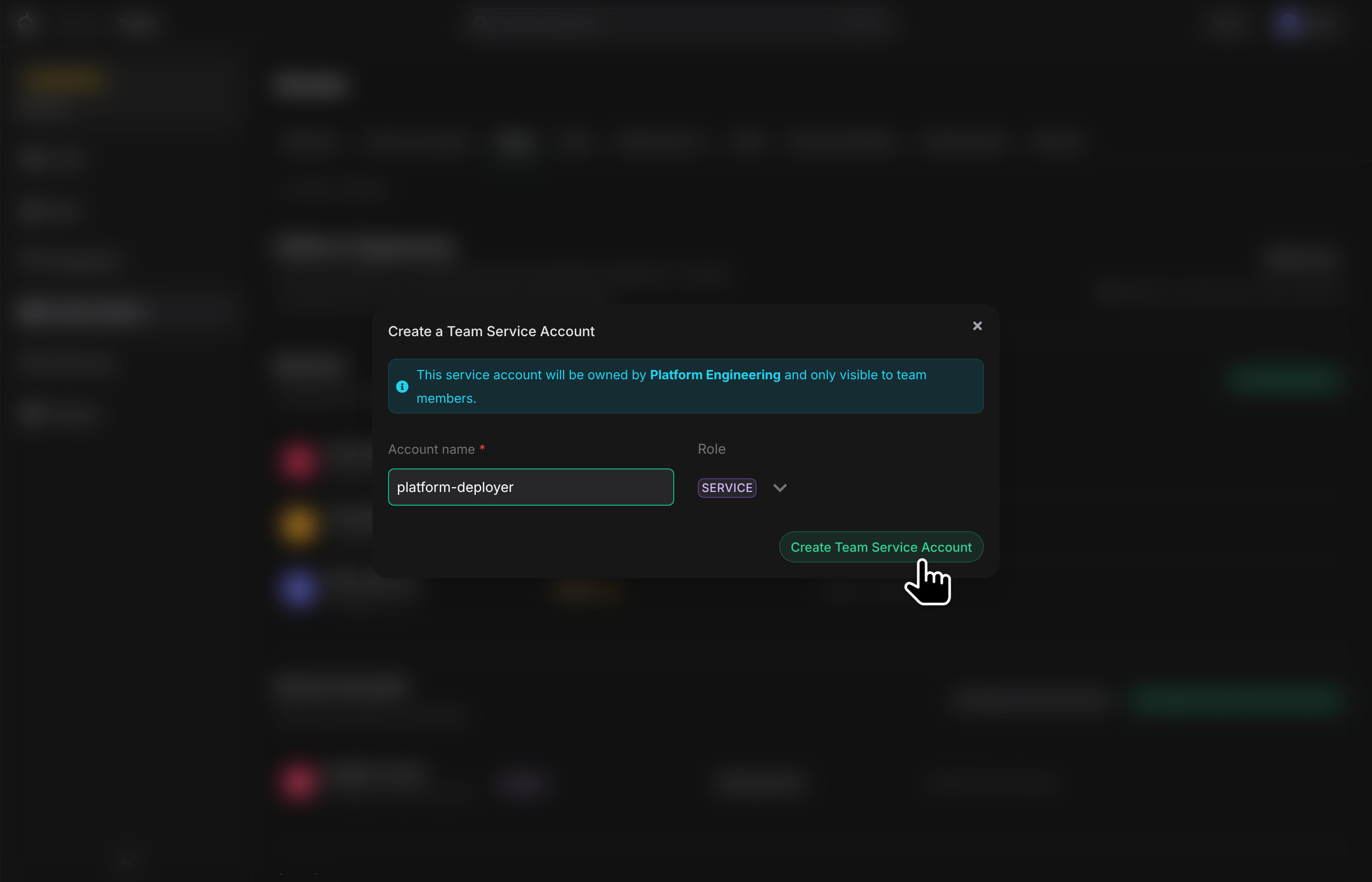 Create a Team Service Account dialog