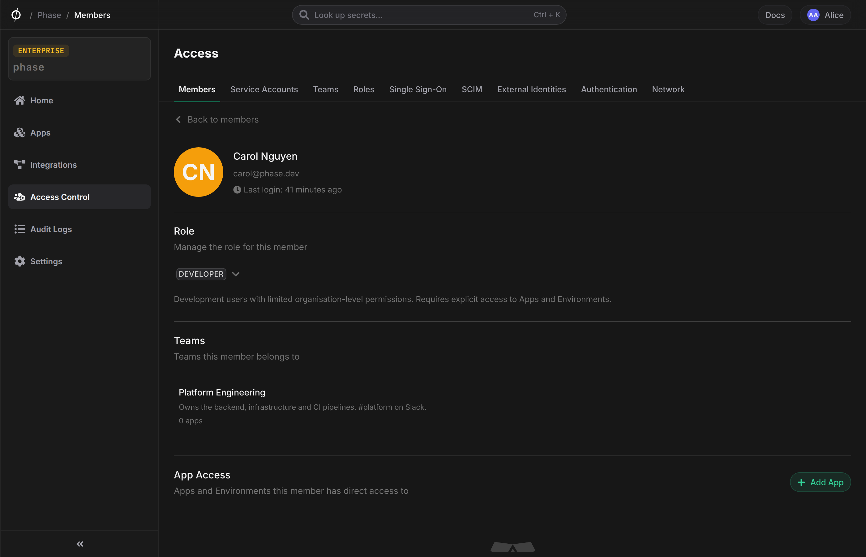 Teams section on a member page