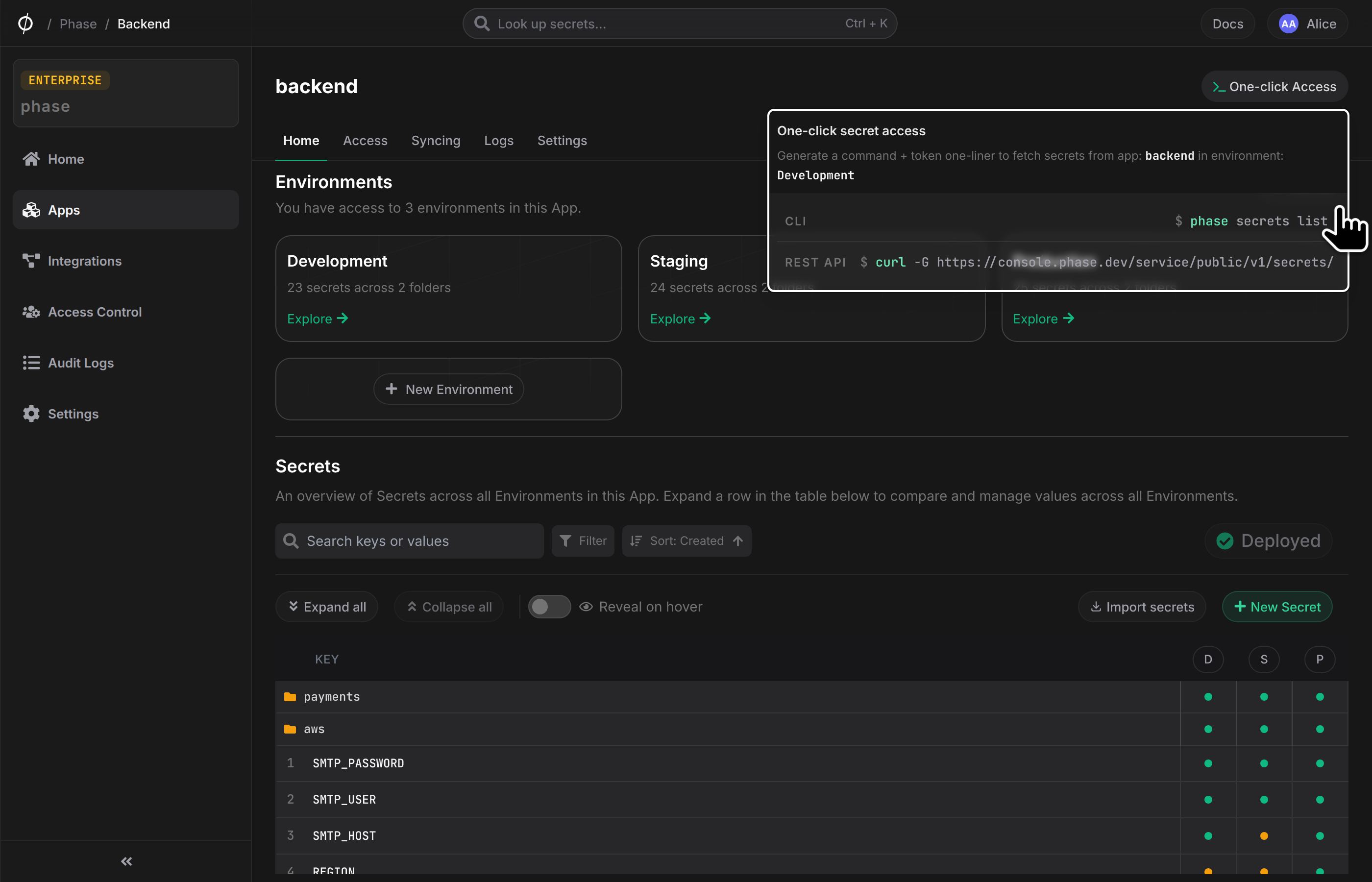 One-click access menu inside an App