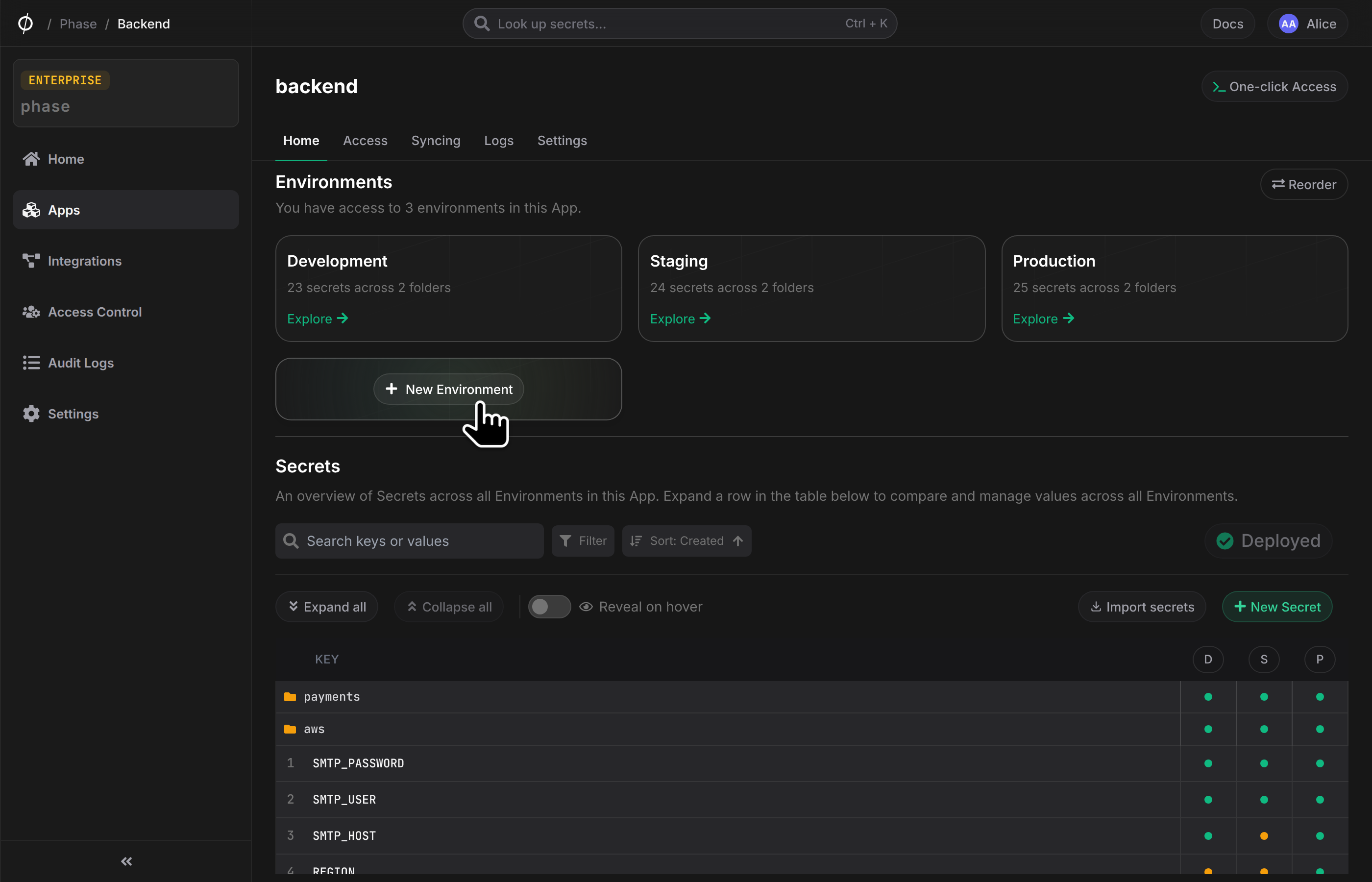 Create a new environment button