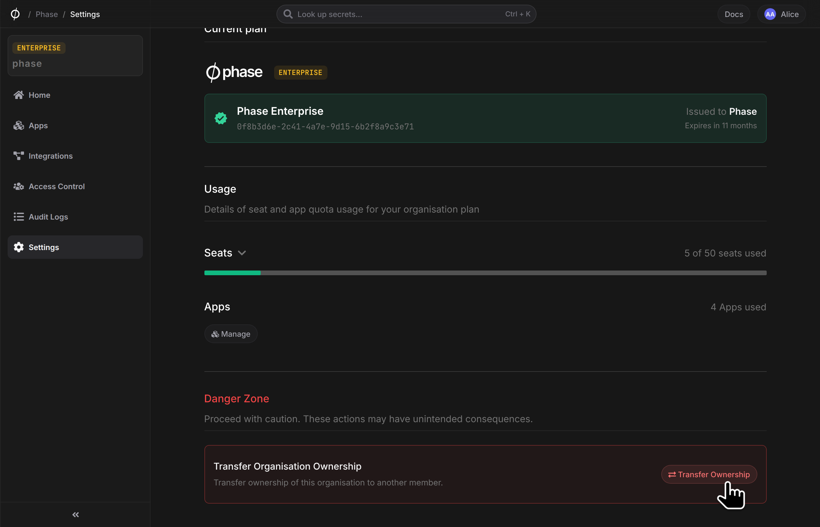 transfer ownership settings