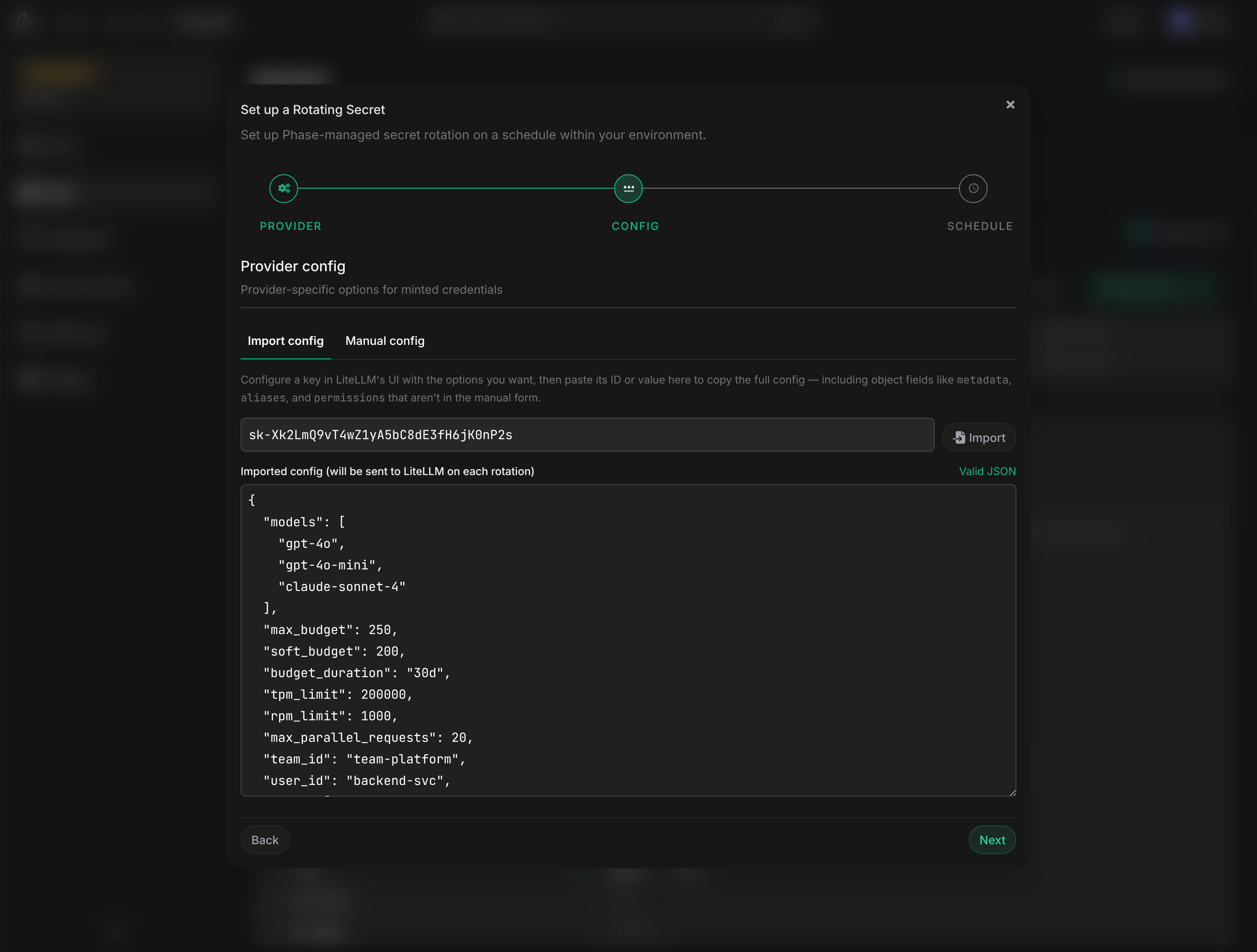 Import config tab with the imported policy as editable JSON