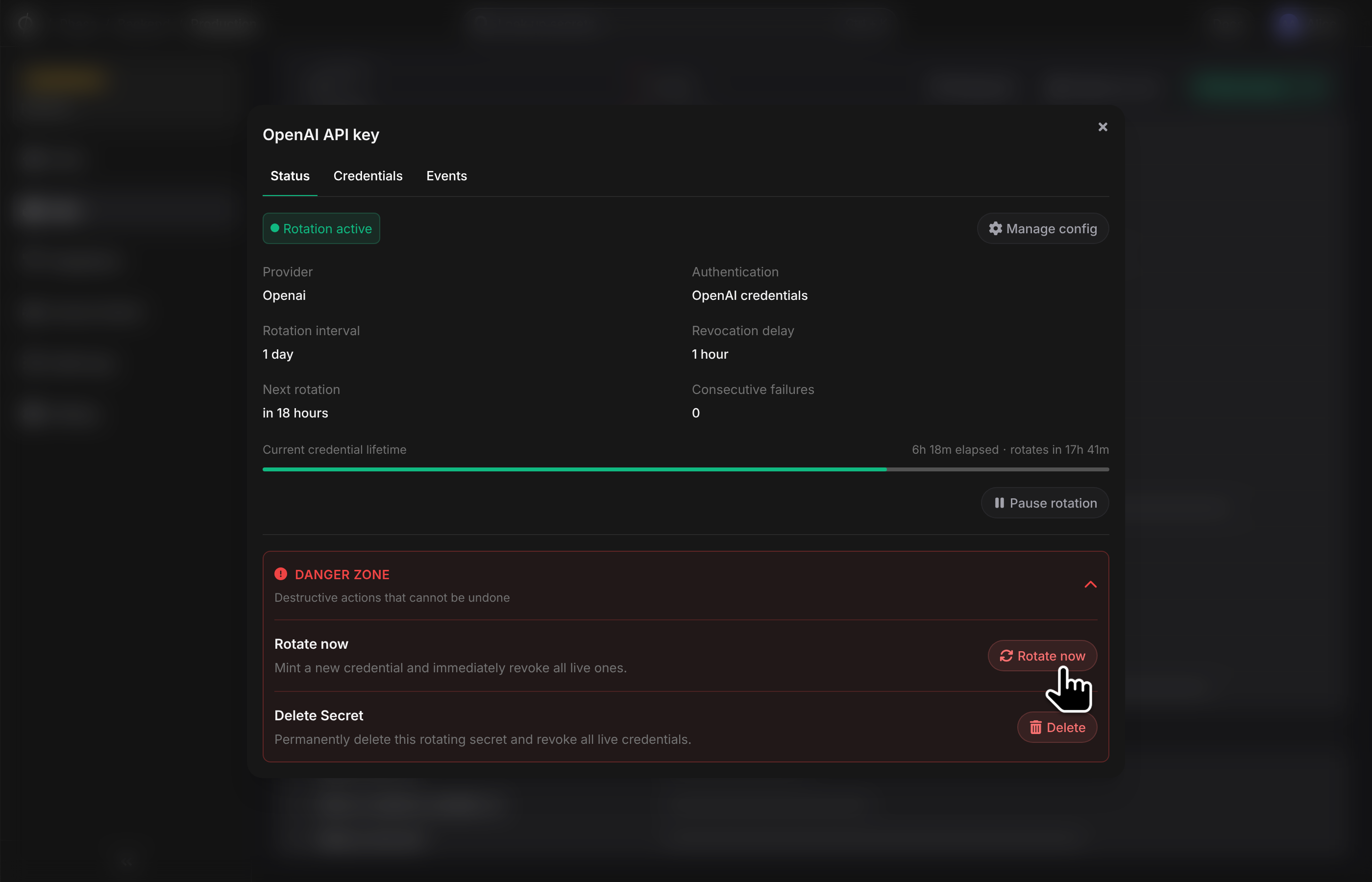 Danger zone with Rotate now and Delete