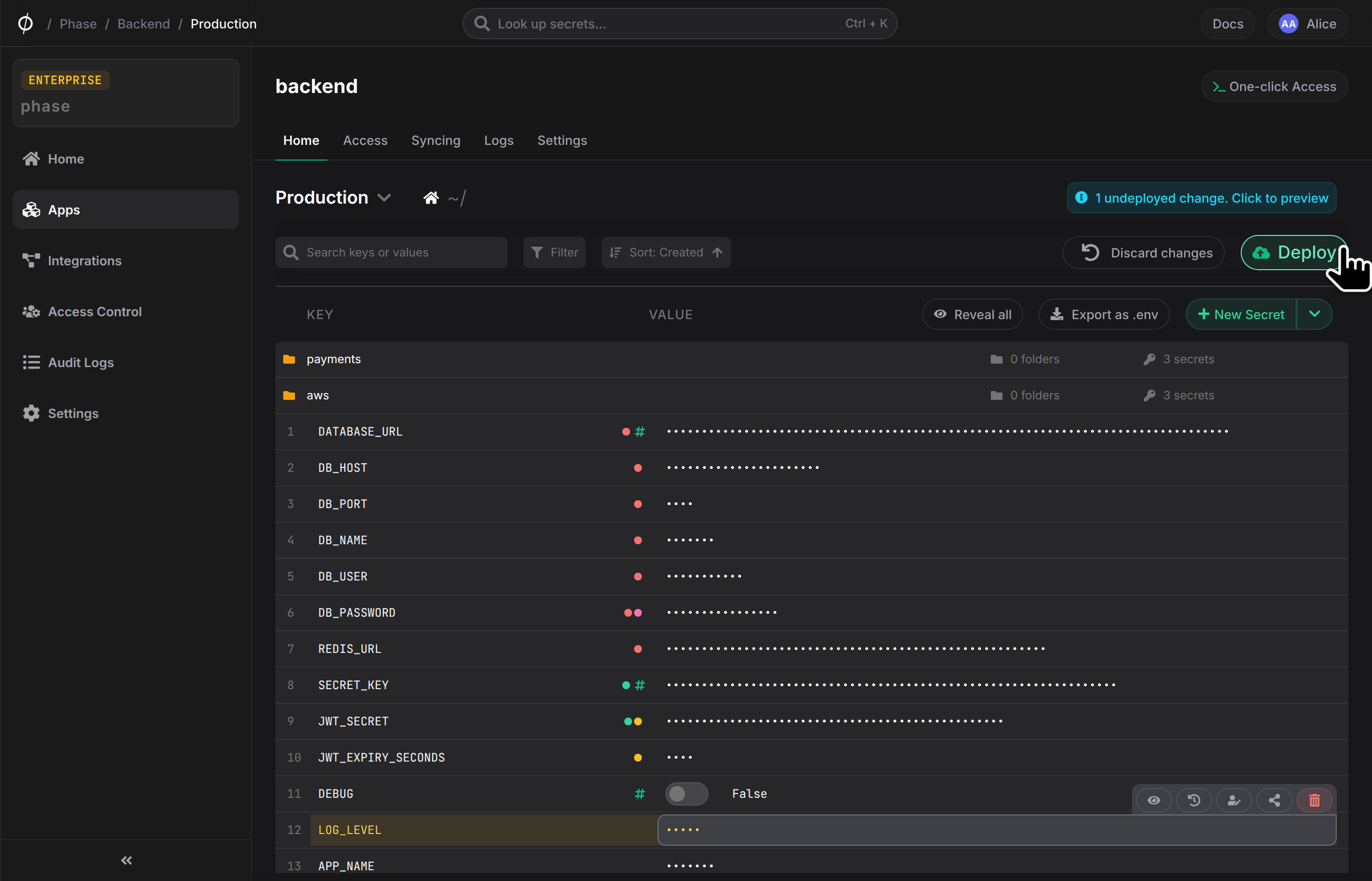 Updated secrets highlighted before deploying