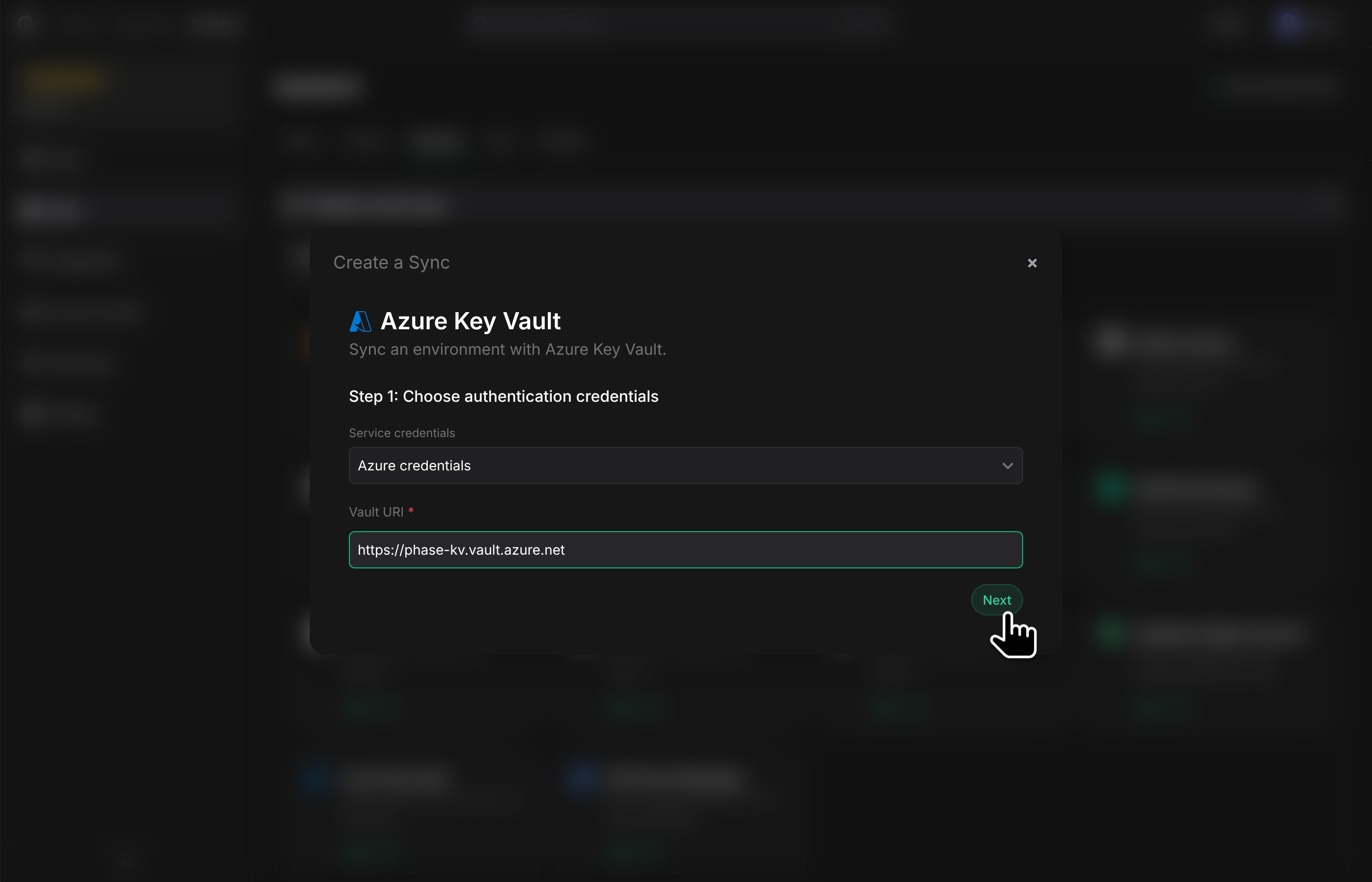 Select credentials and Azure KV URI
