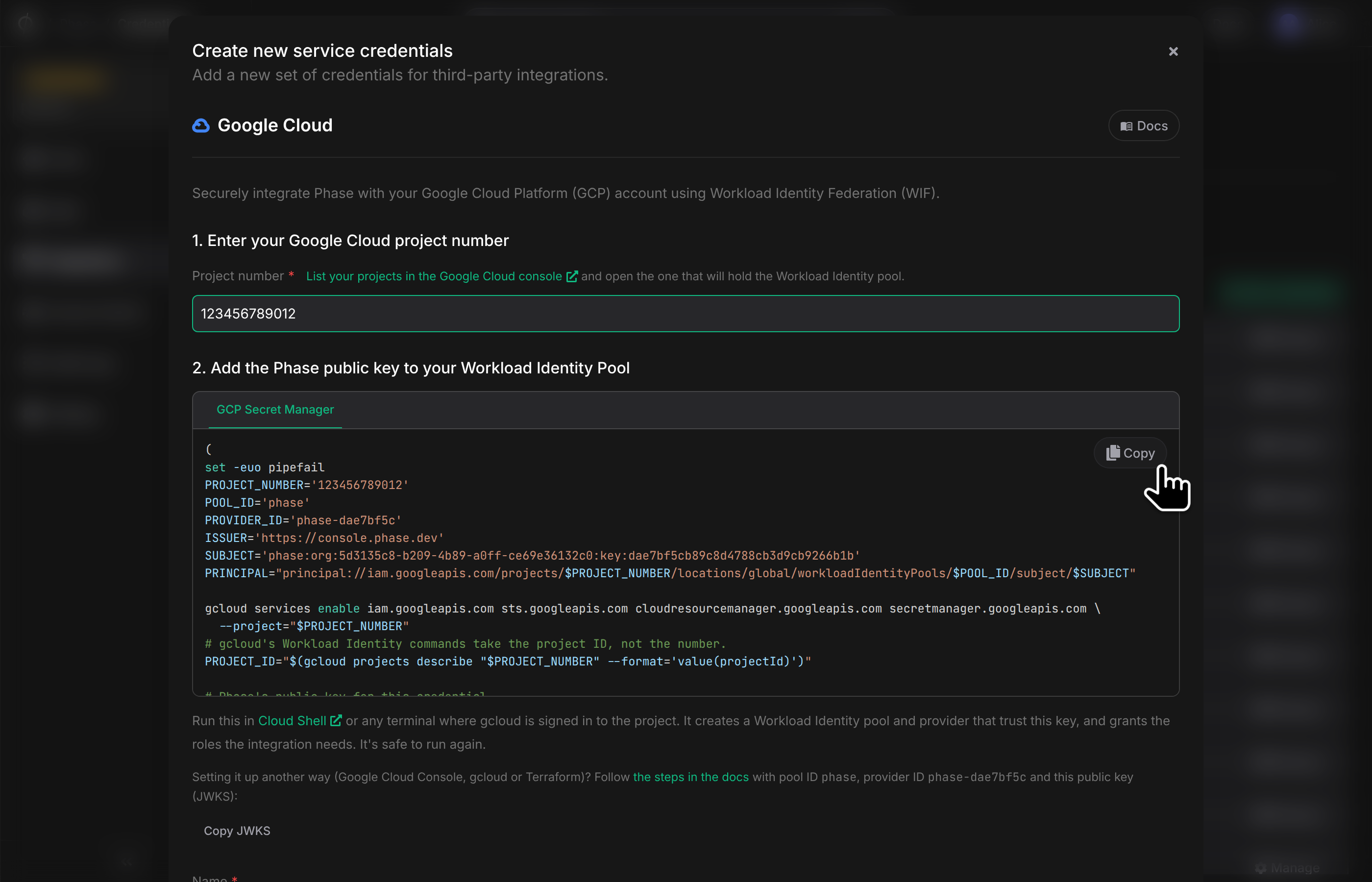 Enter the project number and copy the setup script